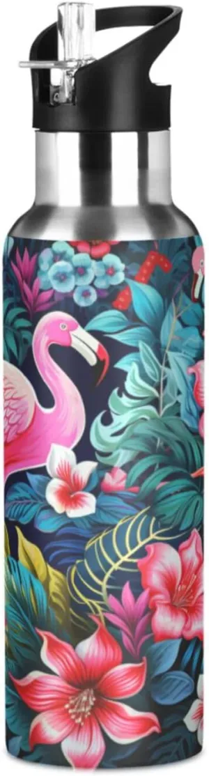 Floral Artwork Flamingo Sport Water Bottle Insulated Stainless Steel Large Vacuum Flask Leak Proof Thermos with Straw for Travel(600ml/1000ml)