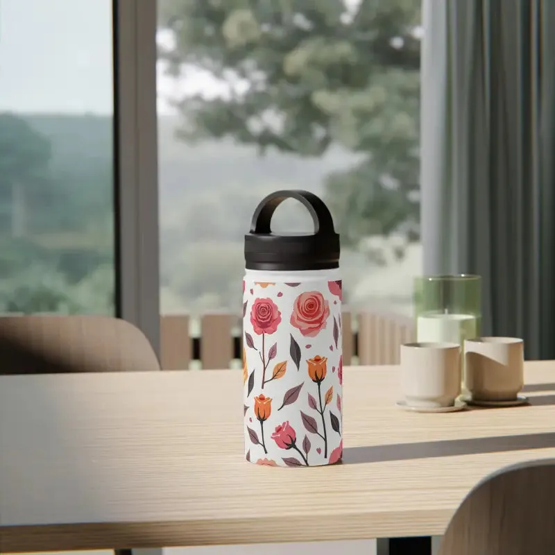 Floral Rose Handle Lid Stainless Steel Water Bottle