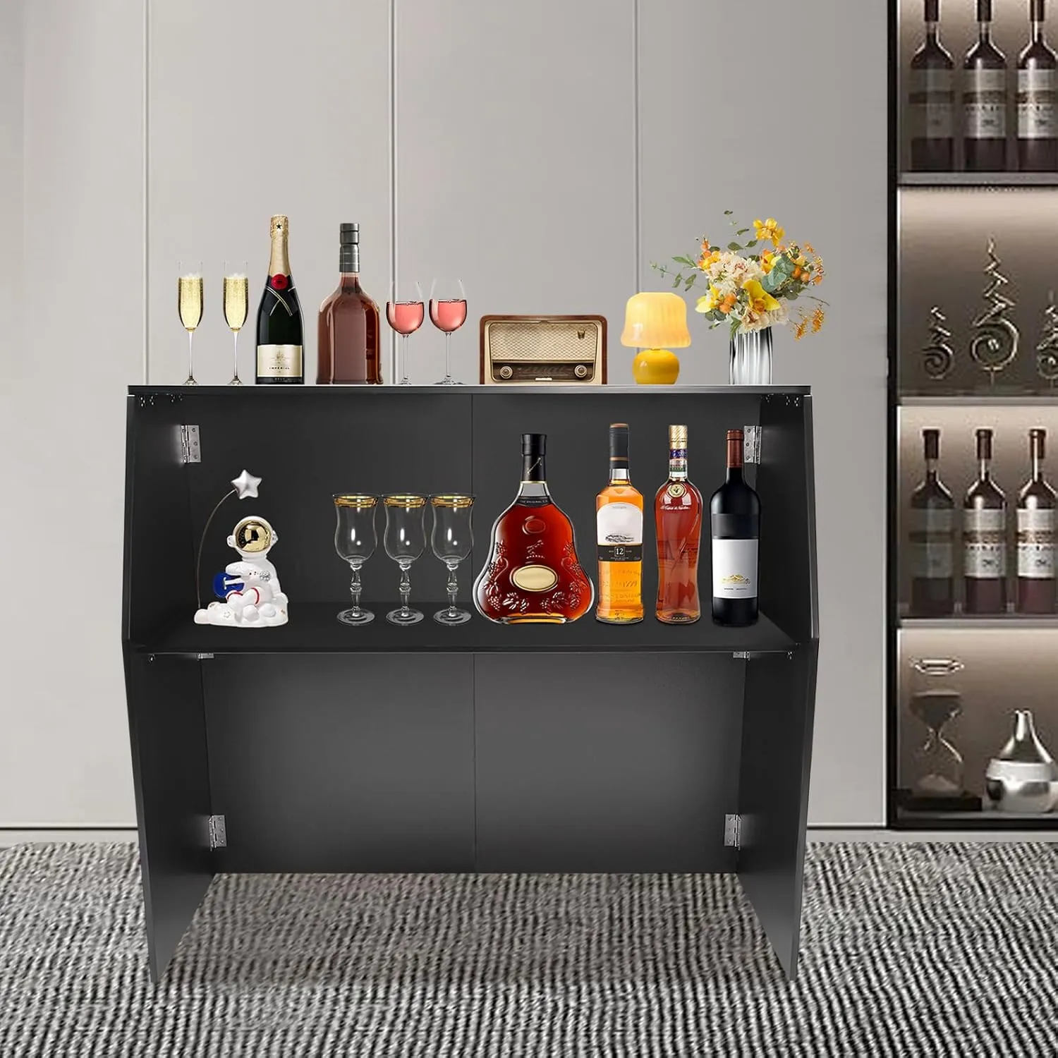 Foldable Event Bar, 42.75" Tall Portable Bar Cabinet Commercial Portable Bar Mobile Bartender Station with Top and Middle Shelves for Events Outdoor Parties Picnics (Black   Black Aluminum Cladding)