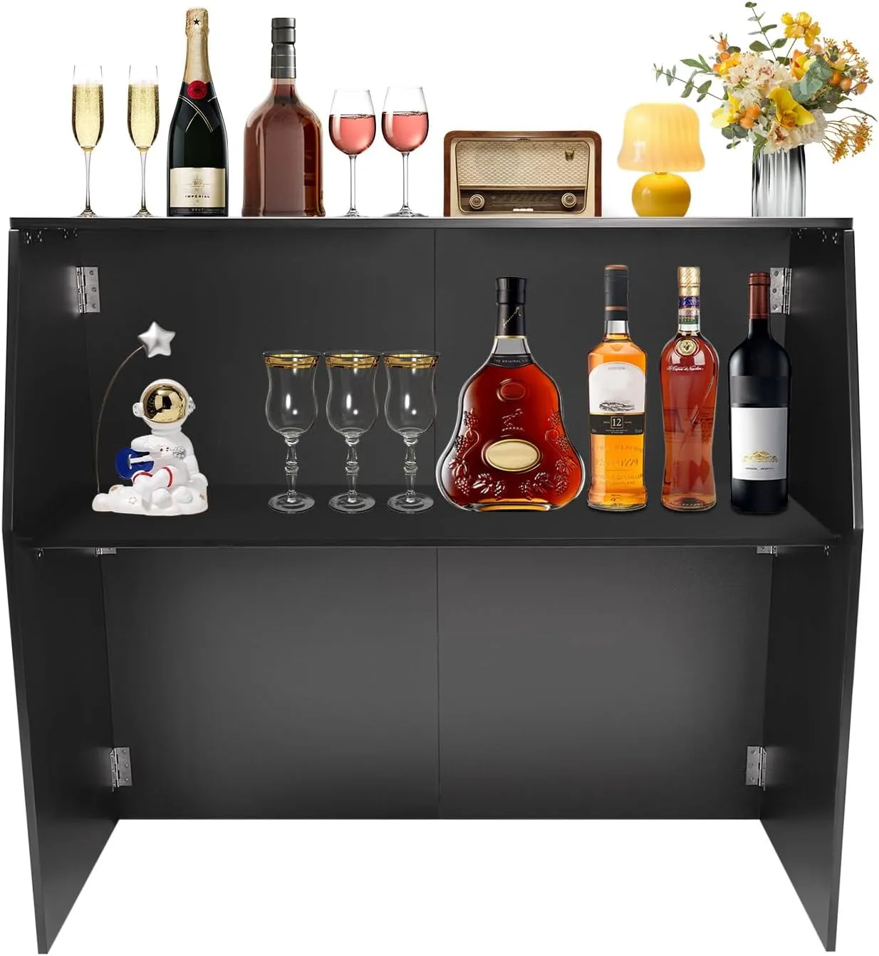 Foldable Event Bar, 42.75" Tall Portable Bar Cabinet Commercial Portable Bar Mobile Bartender Station with Top and Middle Shelves for Events Outdoor Parties Picnics (Black   Black Aluminum Cladding)