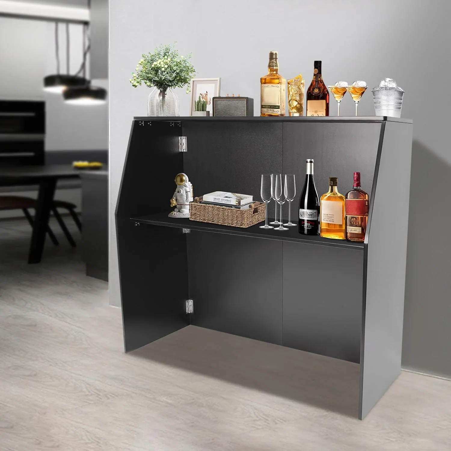 Foldable Event Bar, 42.75" Tall Portable Bar Cabinet Commercial Portable Bar Mobile Bartender Station with Top and Middle Shelves for Events Outdoor Parties Picnics (Black   Black Aluminum Cladding)