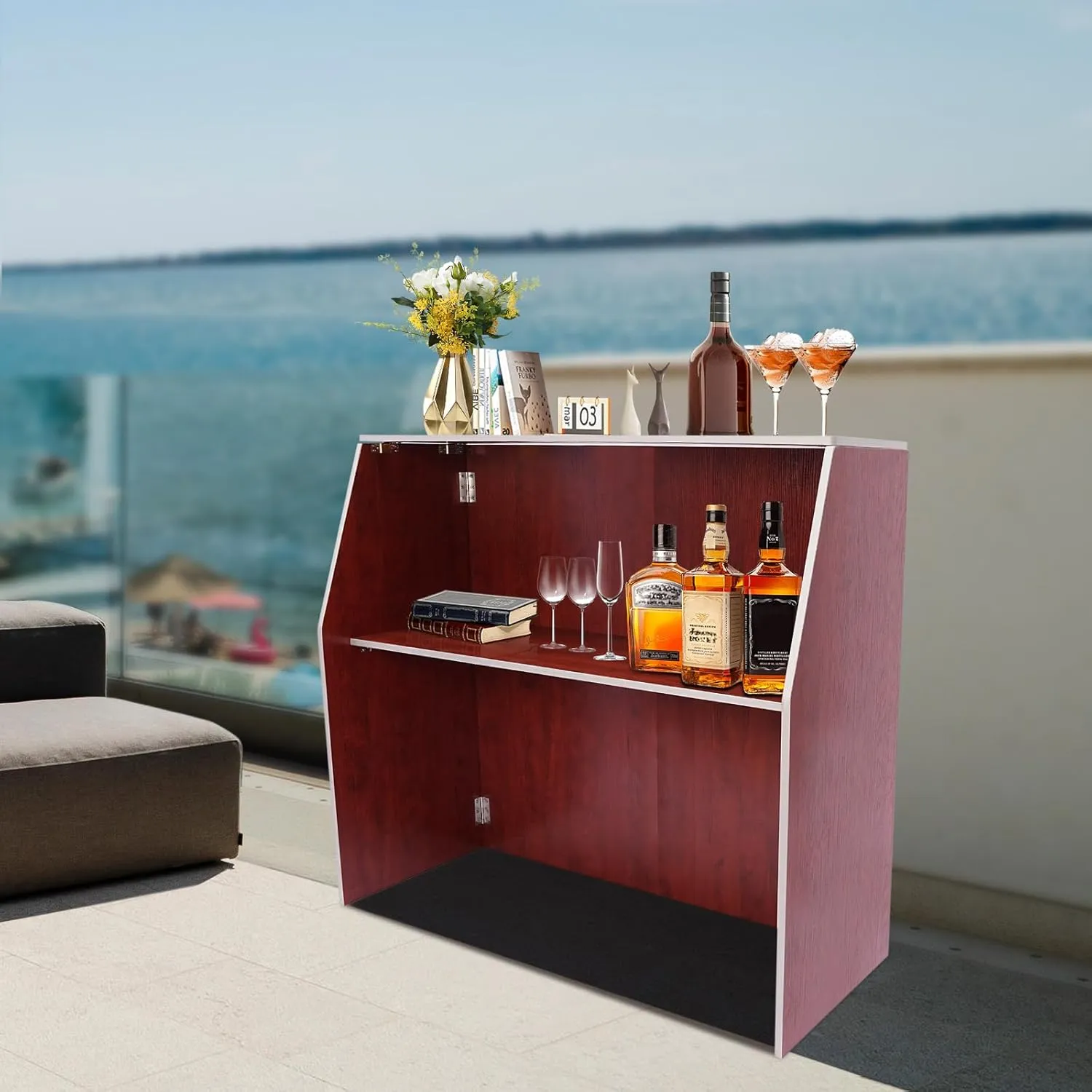 Foldable Event Bar, 42.75" Tall Portable Bar Cabinet Commercial Portable Bar Mobile Bartender Station with Top and Middle Shelves for Events Outdoor Parties Picnics (Brown)