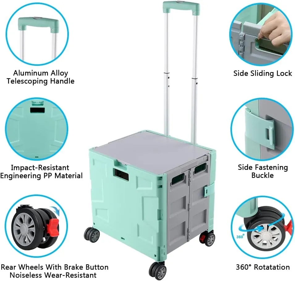 Foldable Shopping Utility Cart Portable Rolling Crate Handcart with 360°Rotate Wheel,Hidden Lid,Telescoping Handle Collapsible for Travel Shopping Moving Storage Office Use(Green/Gray)