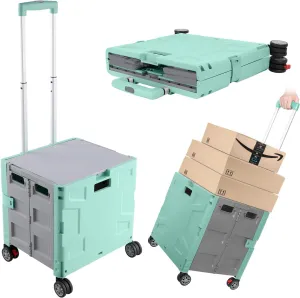 Foldable Shopping Utility Cart Portable Rolling Crate Handcart with 360°Rotate Wheel,Hidden Lid,Telescoping Handle Collapsible for Travel Shopping Moving Storage Office Use(Green/Gray)