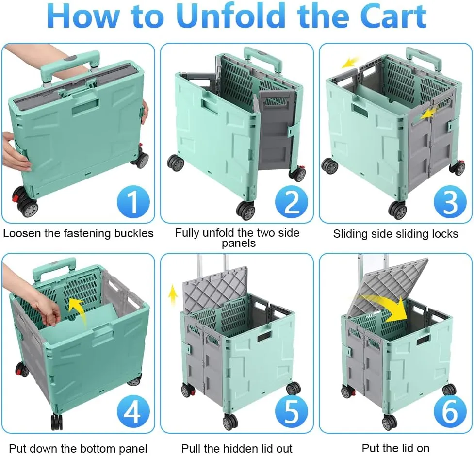 Foldable Shopping Utility Cart Portable Rolling Crate Handcart with 360°Rotate Wheel,Hidden Lid,Telescoping Handle Collapsible for Travel Shopping Moving Storage Office Use(Green/Gray)