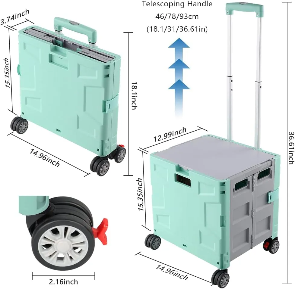 Foldable Shopping Utility Cart Portable Rolling Crate Handcart with 360°Rotate Wheel,Hidden Lid,Telescoping Handle Collapsible for Travel Shopping Moving Storage Office Use(Green/Gray)