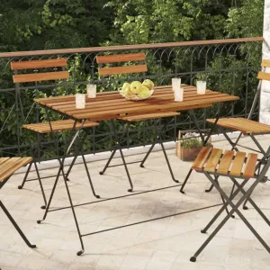 Folding Bistro Table Solid Acacia Wood Steel Frame, Outdoor Camping Dining Table, Portable Side Table for Balcony & Kitchen Furniture - Natural Brown