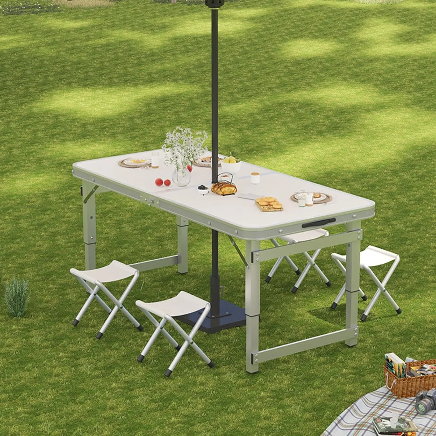 Folding Camping Table Portable Adjustable Height Aluminum Folding Beach Table for Indoor Outdoor Picnic Backyard(Blue,120 * 60cm)