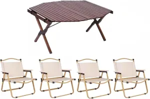 Folding Camping Table with Seats Sturdy and Stable, Portable Camping Table for 4 Made of Wood, Roll Up Tall Outdoor Portable Table for Picnic Backyard Beach(Brown)