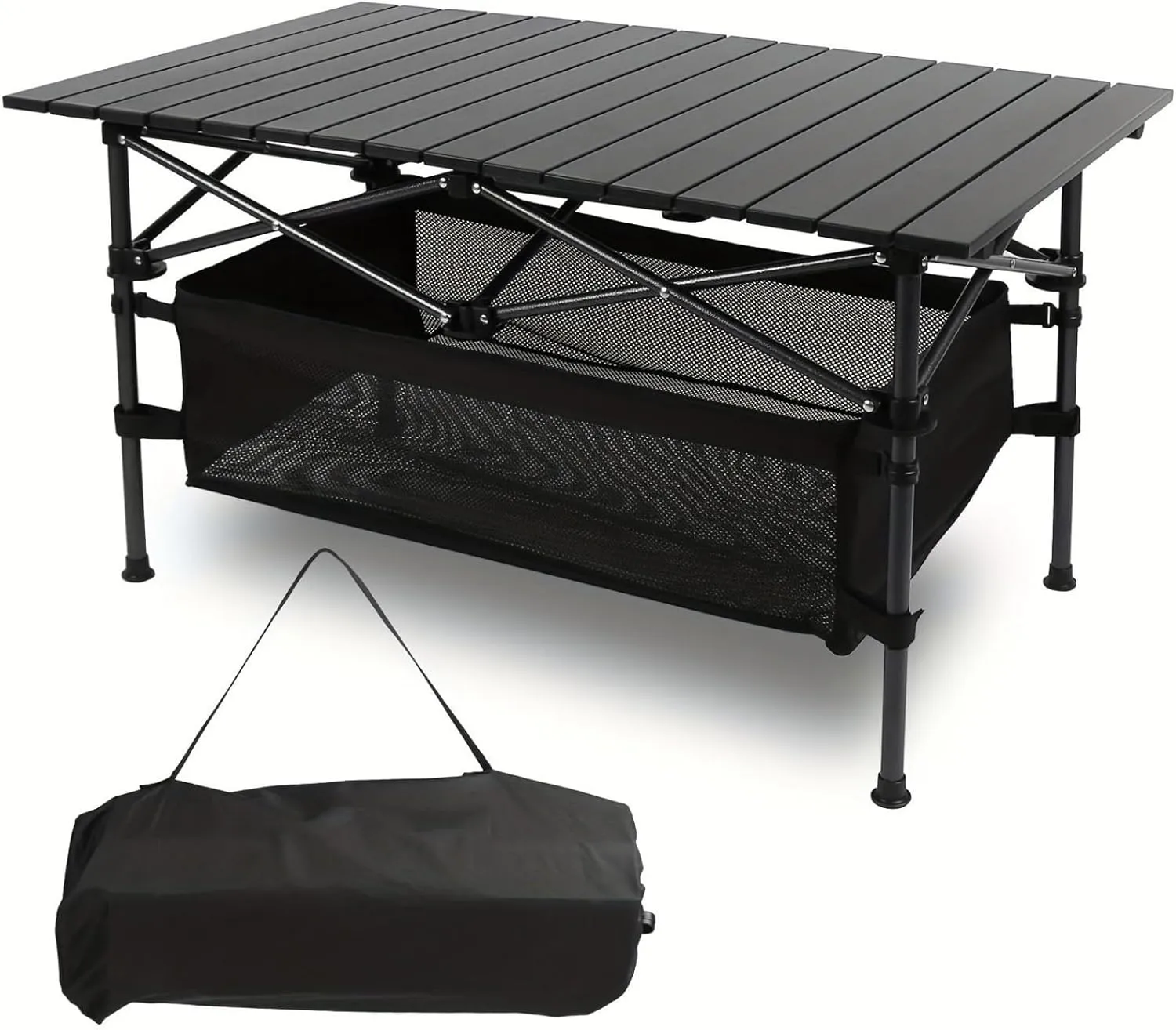 Folding Camping Table with Storage and Carry Bag, Aluminum Roll-up Portable Picnic Table, Lightweight Beach Tables for Outdoor Beach Grill BBQ Travel, Black