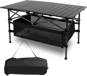 Folding Camping Table with Storage and Carry Bag, Aluminum Roll-up Portable Picnic Table, Lightweight Beach Tables for Outdoor Beach Grill BBQ Travel, Black