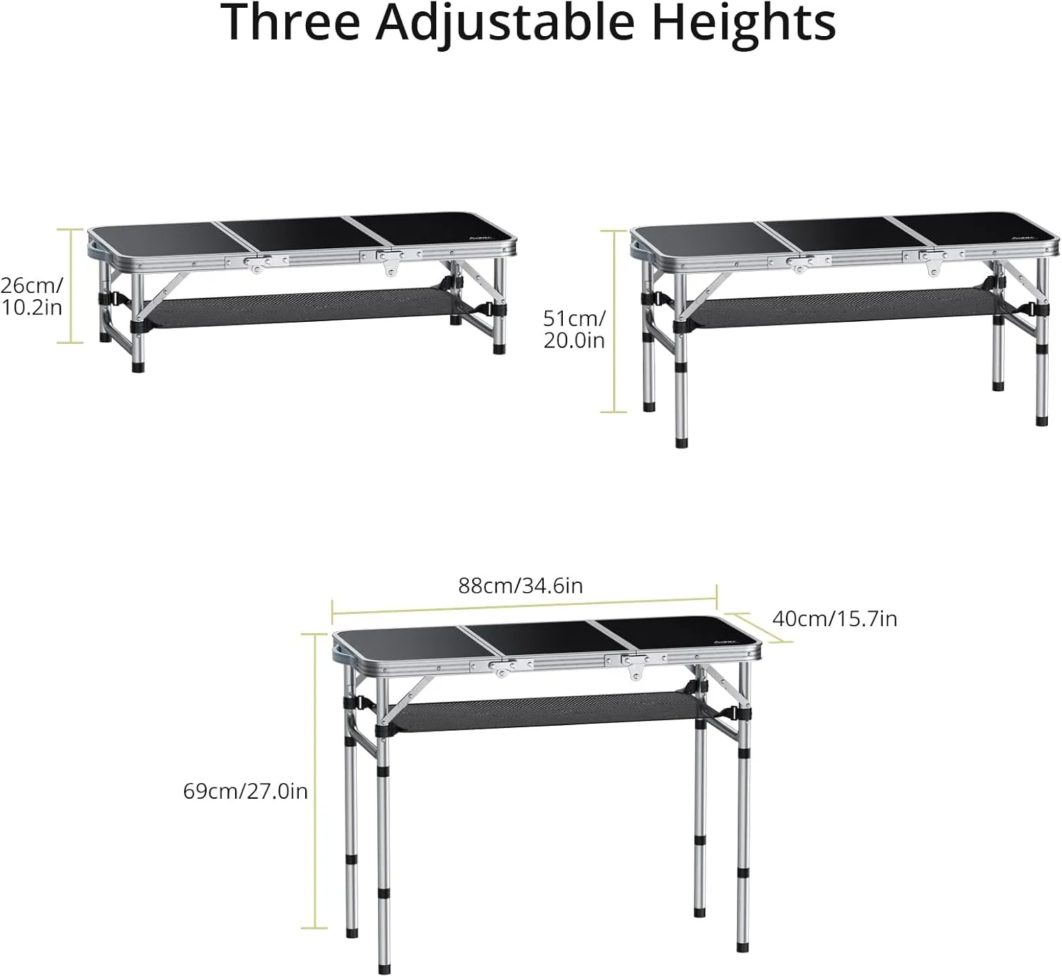 Folding Camping Table with Storage Net, 3ft Camping Table Aluminum Folding Table with 3 Adjustable Height Max 27.1 Inch Picnic Table Portable Table for Outdoor Backyard BBQ, Black