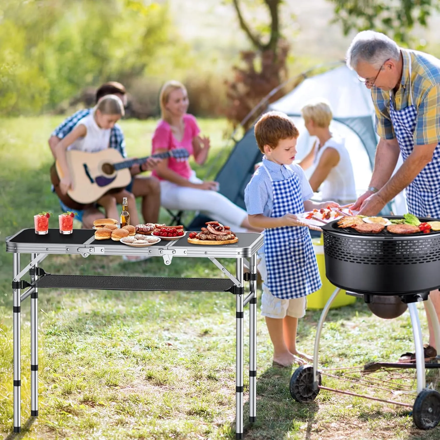 Folding Camping Table with Storage Net, 3ft Camping Table Aluminum Folding Table with 3 Adjustable Height Max 27.1 Inch Picnic Table Portable Table for Outdoor Backyard BBQ, Black