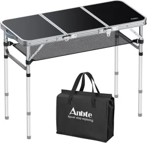 Folding Camping Table with Storage Net, 3ft Camping Table Aluminum Folding Table with 3 Adjustable Height Max 27.1 Inch Picnic Table Portable Table for Outdoor Backyard BBQ, Black