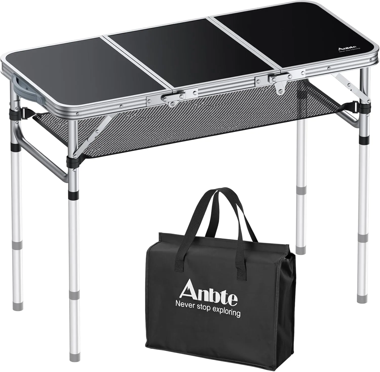 Folding Camping Table with Storage Net, 3ft Camping Table Aluminum Folding Table with 3 Adjustable Height Max 27.1 Inch Picnic Table Portable Table for Outdoor Backyard BBQ, Black