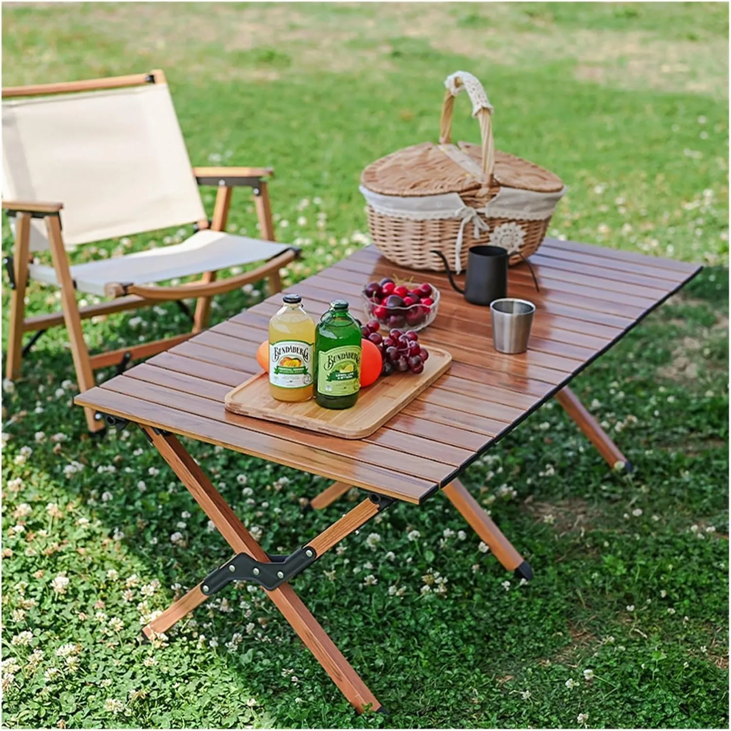 Folding Dining Table Aluminum Camping Picnic Egg Roll Camping Chair Outdoor Folding Table Portable (Color : Brown-M)