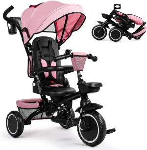 Folding Kids Tricycle, 8 in 1 Baby Trike W/Removable & Adjustable Canopy, Parent Handle, 5-Piont Safety Harness, Toddler Bike Stroller for Kids 1-6 Years, EVA Wheels, Storage Basket, Pink