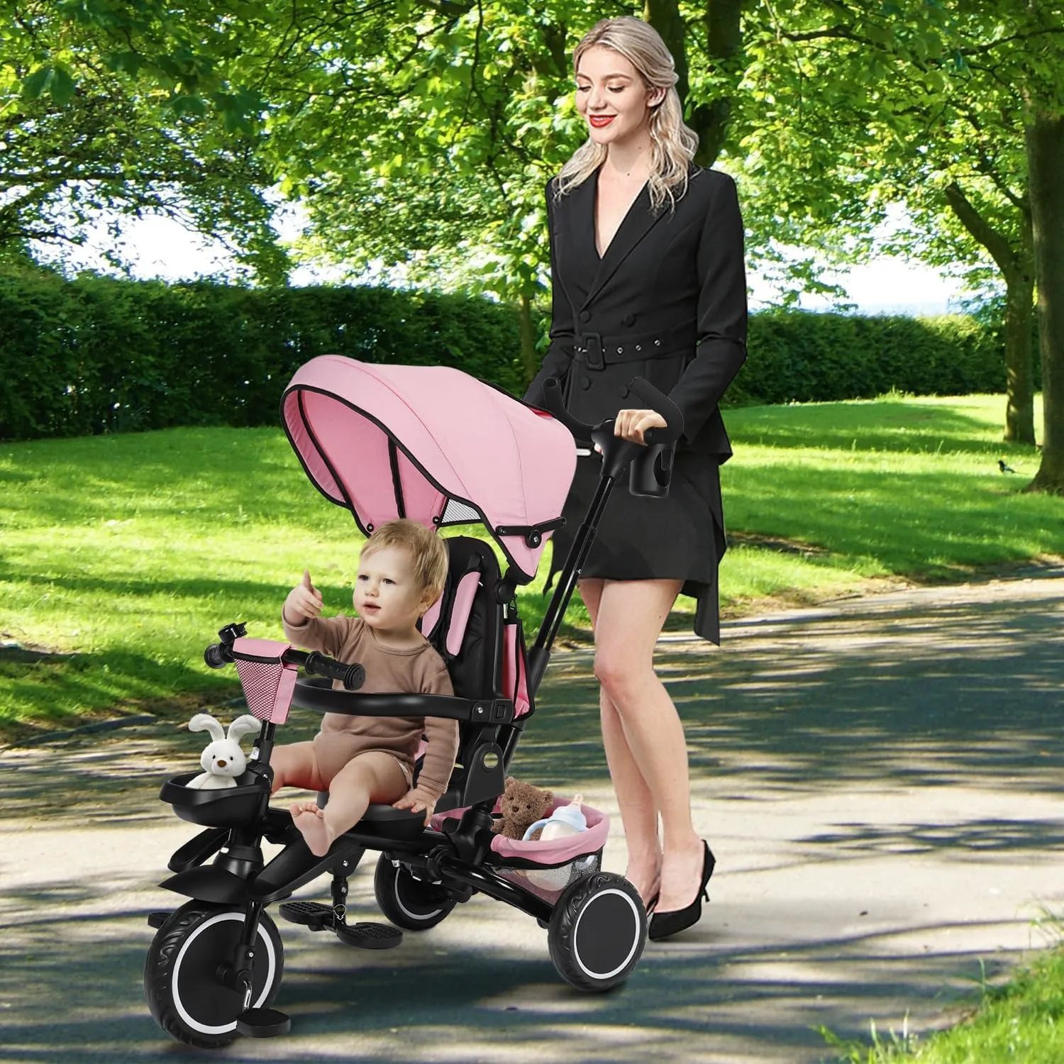 Folding Kids Tricycle, 8 in 1 Baby Trike W/Removable & Adjustable Canopy, Parent Handle, 5-Piont Safety Harness, Toddler Bike Stroller for Kids 1-6 Years, EVA Wheels, Storage Basket, Pink