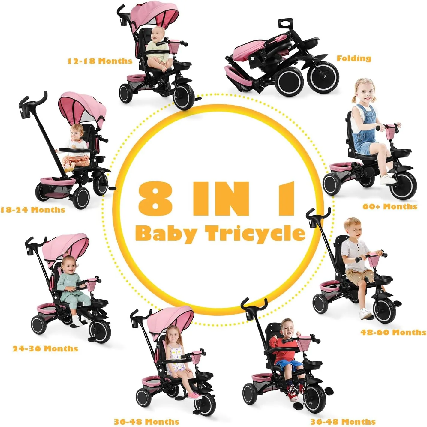 Folding Kids Tricycle, 8 in 1 Baby Trike W/Removable & Adjustable Canopy, Parent Handle, 5-Piont Safety Harness, Toddler Bike Stroller for Kids 1-6 Years, EVA Wheels, Storage Basket, Pink