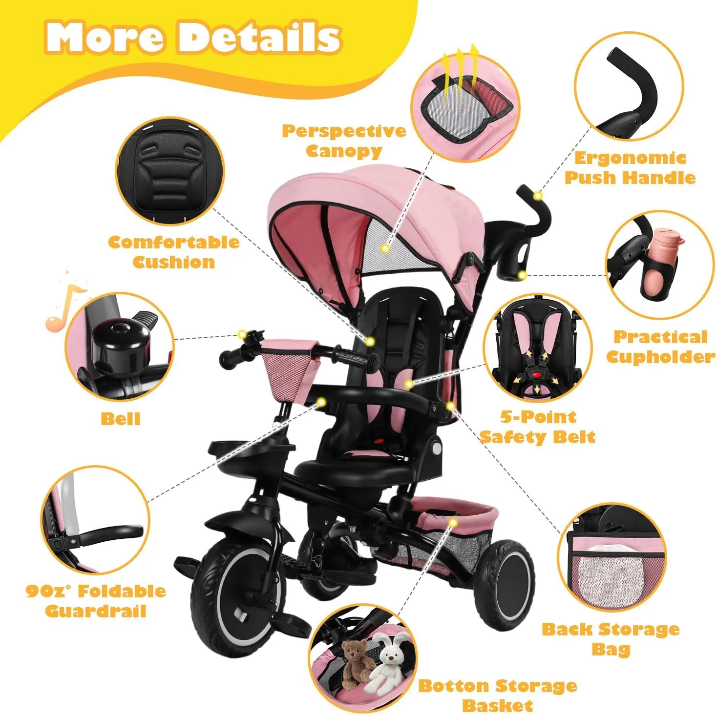 Folding Kids Tricycle, 8 in 1 Baby Trike W/Removable & Adjustable Canopy, Parent Handle, 5-Piont Safety Harness, Toddler Bike Stroller for Kids 1-6 Years, EVA Wheels, Storage Basket, Pink