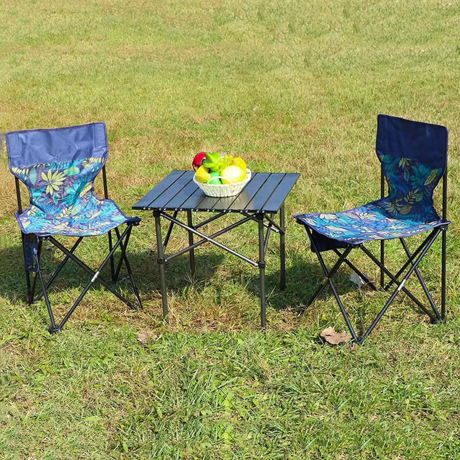 Folding Outdoor Camping Picnic Tables and Chairs, Carbon Steel Foldable Roll-up Table Top Small Table, Portable Fishing Chair Set, Easy to Assemble