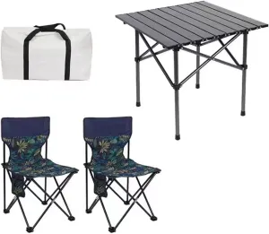 Folding Outdoor Camping Picnic Tables and Chairs, Carbon Steel Foldable Roll-up Table Top Small Table, Portable Fishing Chair Set, Easy to Assemble