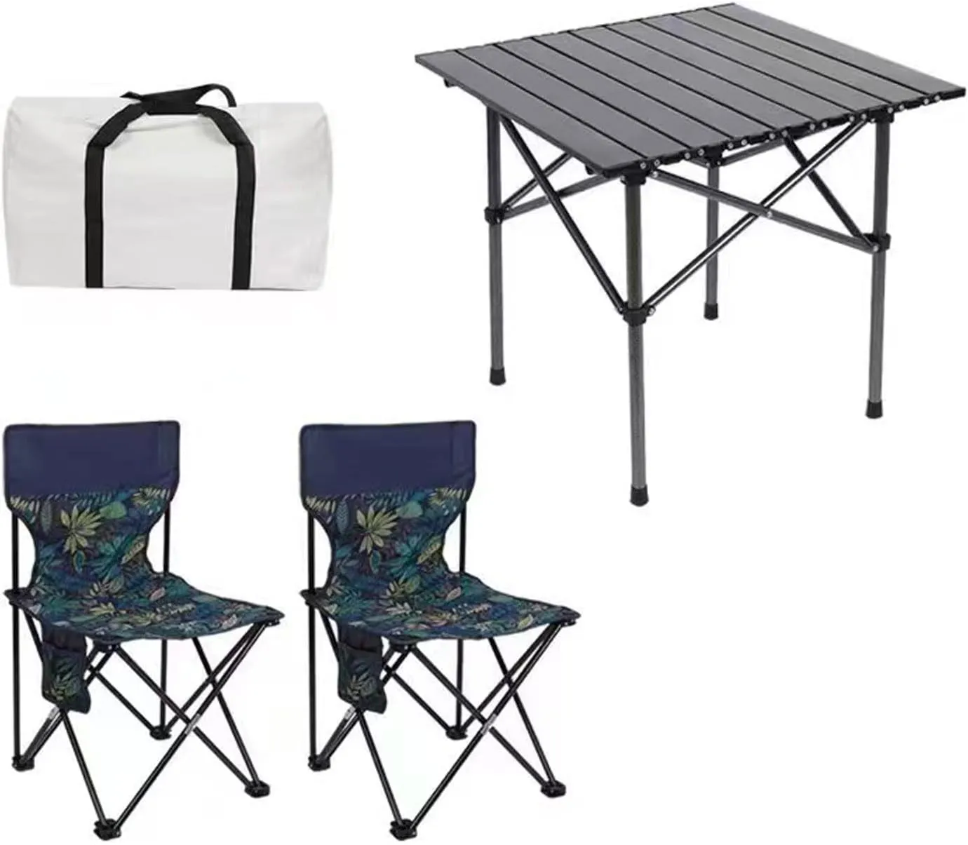 Folding Outdoor Camping Picnic Tables and Chairs, Carbon Steel Foldable Roll-up Table Top Small Table, Portable Fishing Chair Set, Easy to Assemble