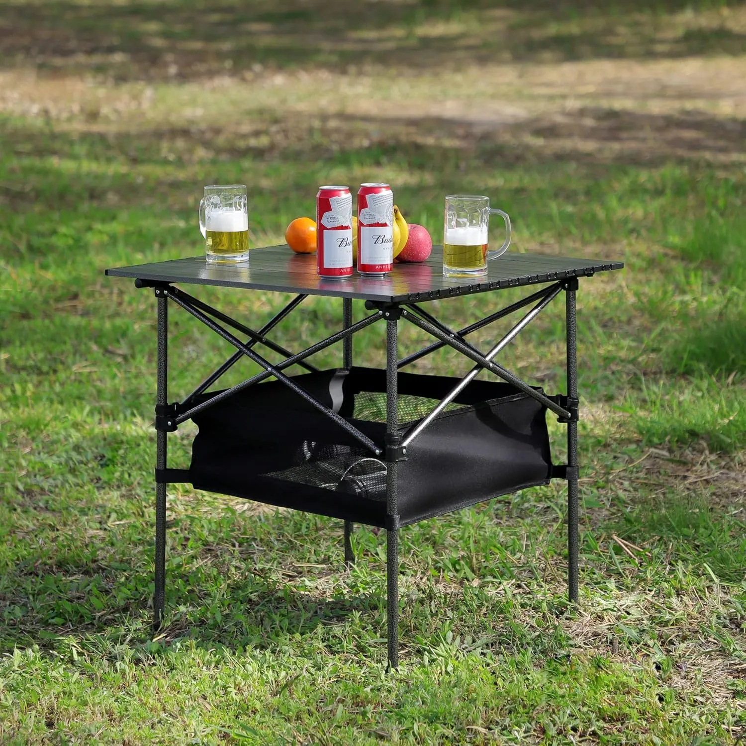 Folding Outdoor Camping Table with Carrying Bag, Lightweight Aluminum Roll-up Square Table 27.56" L*27.56" W*27.56" H Black