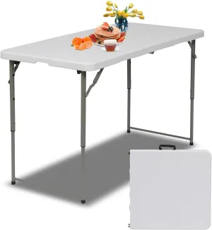 Folding Table 4 Foot Adjustable Height Plastic Table Sturdy Indoor Outdoor Portable Fold-in-Half Table with Handle Lock for Picnic, Party, Camping, BBQ (White)