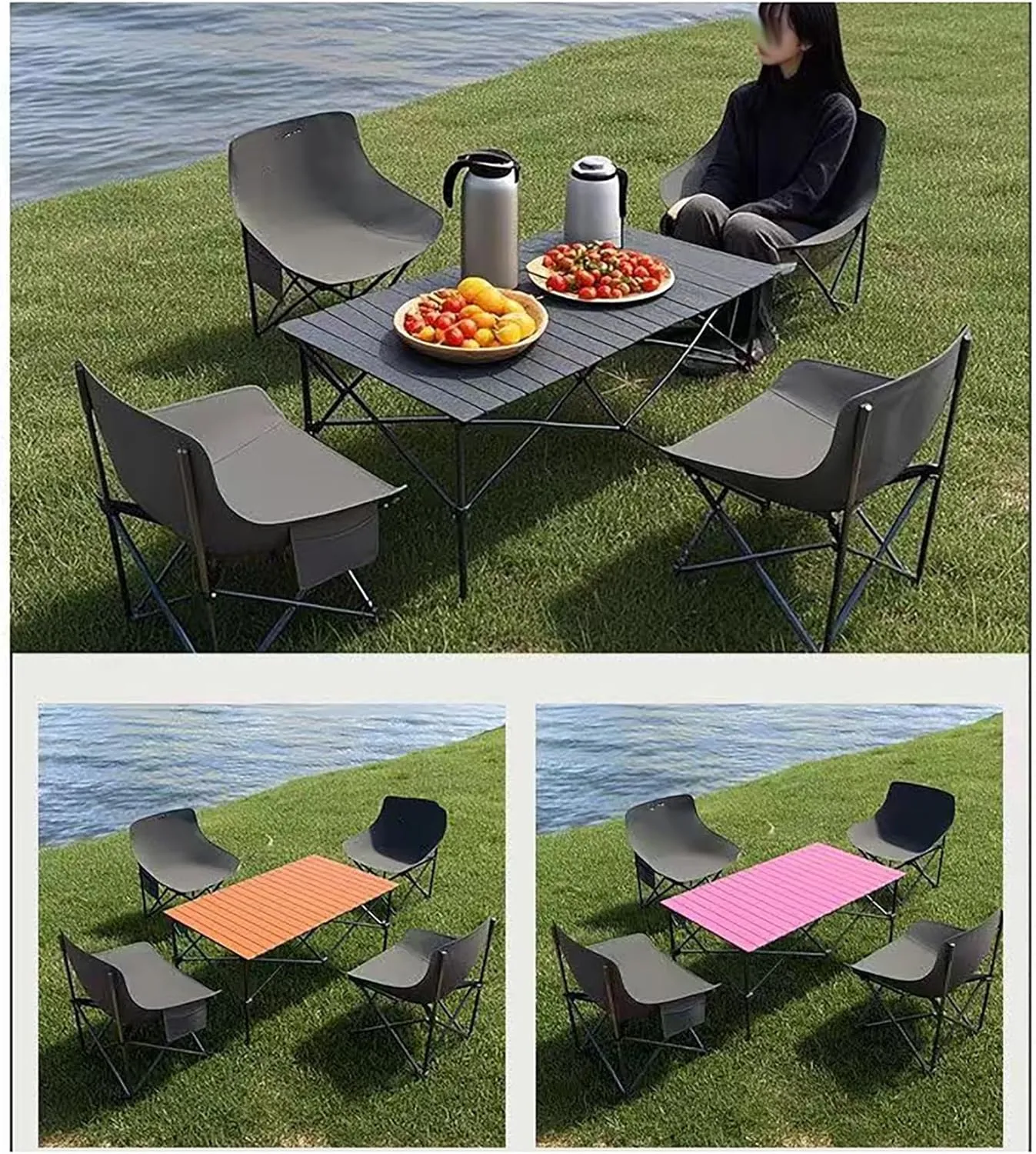 Folding Tables and Chairs, Table and Chair Set, Lightweight Roll Up Low Table, for Outdoor, Sand, Picnic, Party, Patio(Beige)