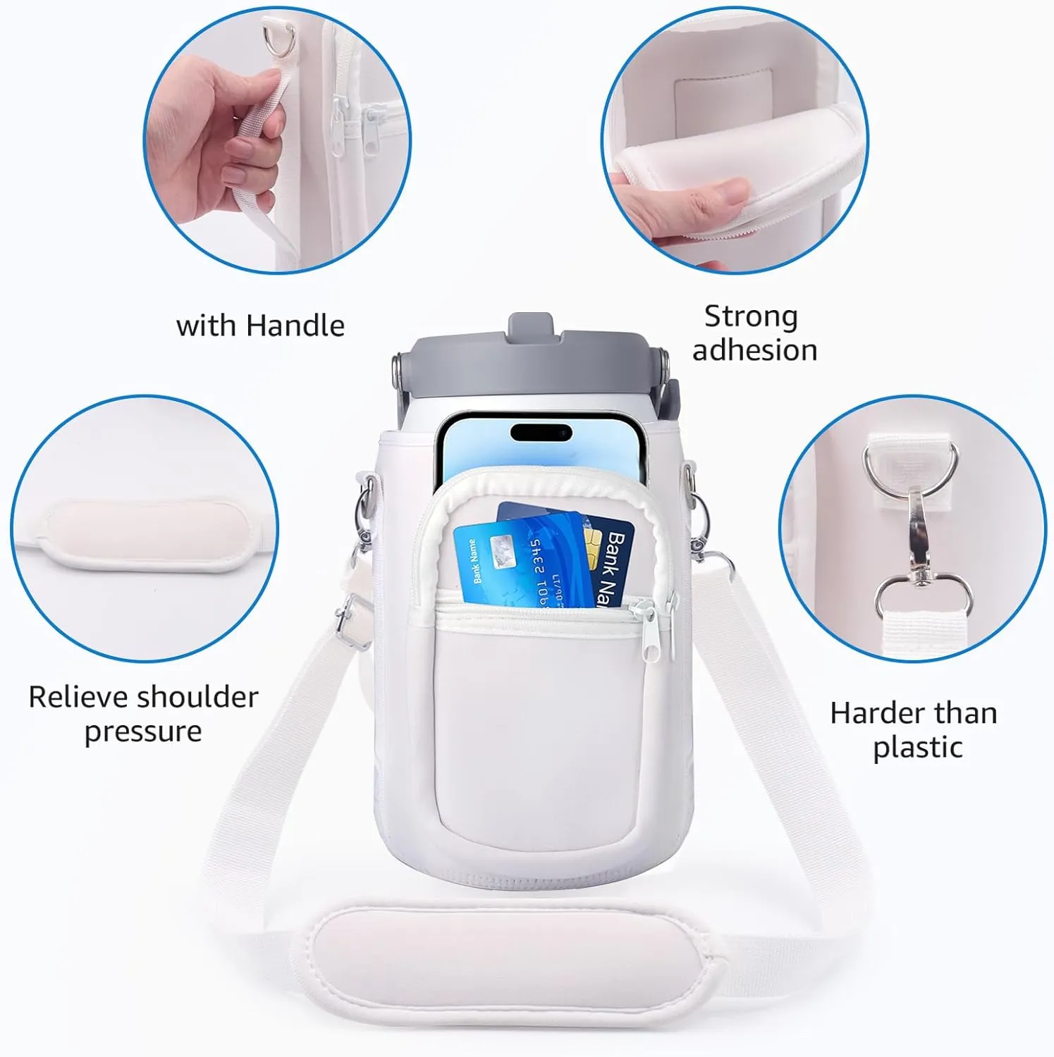 for Stanley Iceflow Flip Straw Jug 64 oz, Water Bottle Cup Holder Cover Carrier Sling Bag with Strap, Pouch Pocket for Phone/Accessories, add Handle for Stanley Flip Straw, Neoprene(White-64 oz)