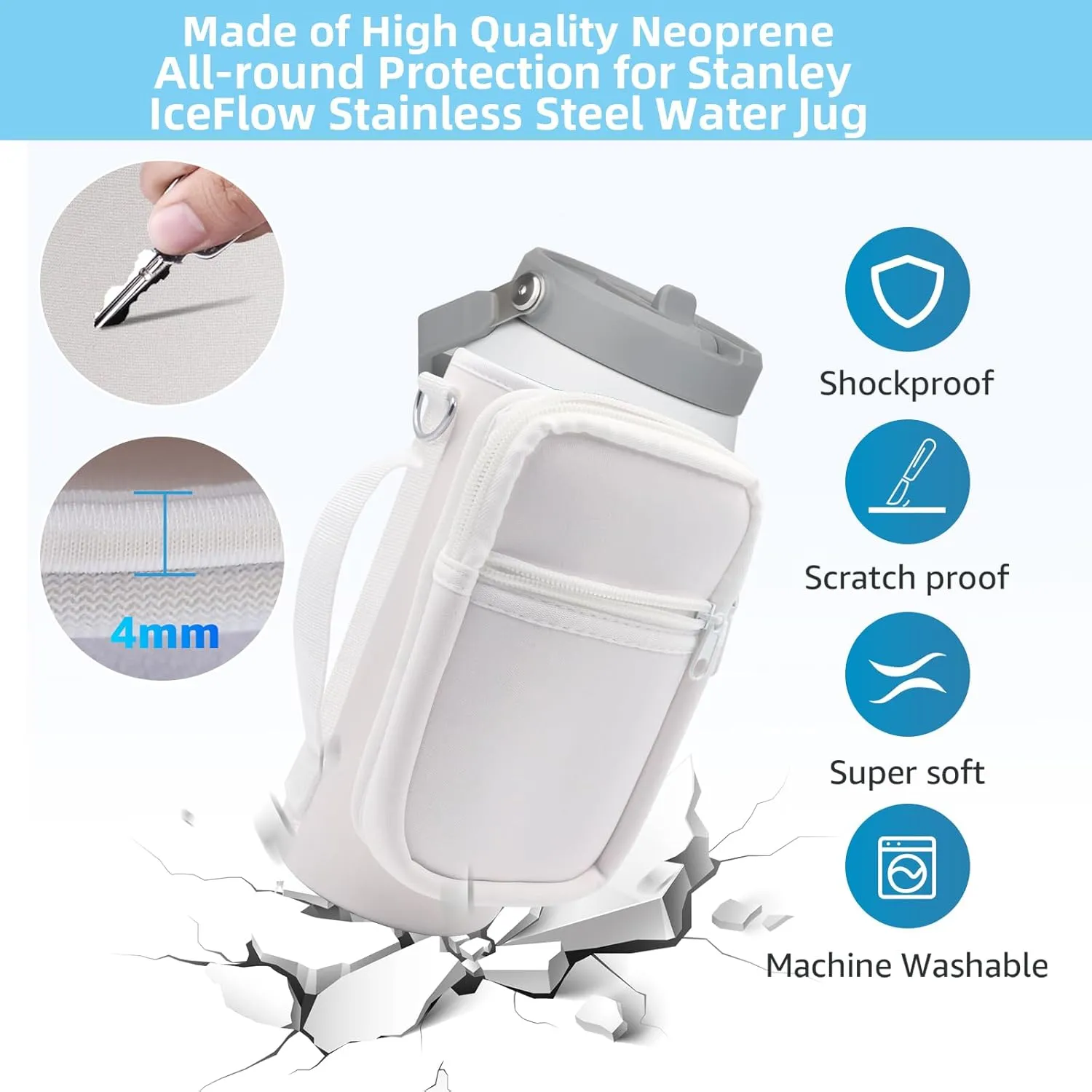for Stanley Iceflow Flip Straw Jug 64 oz, Water Bottle Cup Holder Cover Carrier Sling Bag with Strap, Pouch Pocket for Phone/Accessories, add Handle for Stanley Flip Straw, Neoprene(White-64 oz)