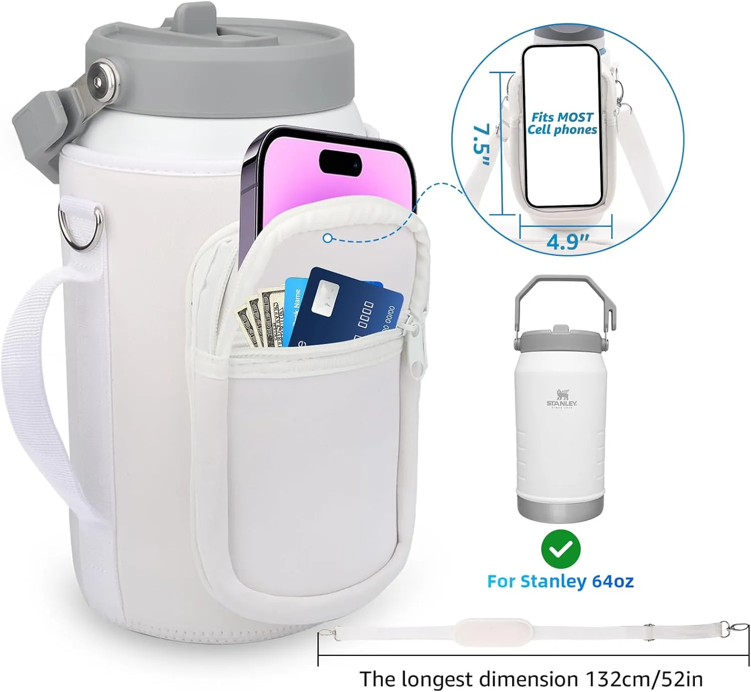for Stanley Iceflow Flip Straw Jug 64 oz, Water Bottle Cup Holder Cover Carrier Sling Bag with Strap, Pouch Pocket for Phone/Accessories, add Handle for Stanley Flip Straw, Neoprene(White-64 oz)