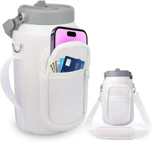 for Stanley Iceflow Flip Straw Jug 64 oz, Water Bottle Cup Holder Cover Carrier Sling Bag with Strap, Pouch Pocket for Phone/Accessories, add Handle for Stanley Flip Straw, Neoprene(White-64 oz)