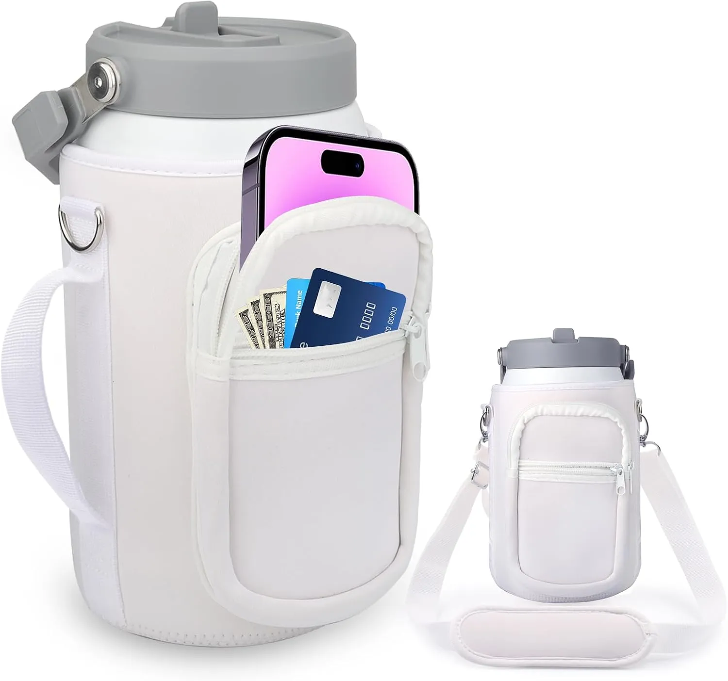 for Stanley Iceflow Flip Straw Jug 64 oz, Water Bottle Cup Holder Cover Carrier Sling Bag with Strap, Pouch Pocket for Phone/Accessories, add Handle for Stanley Flip Straw, Neoprene(White-64 oz)
