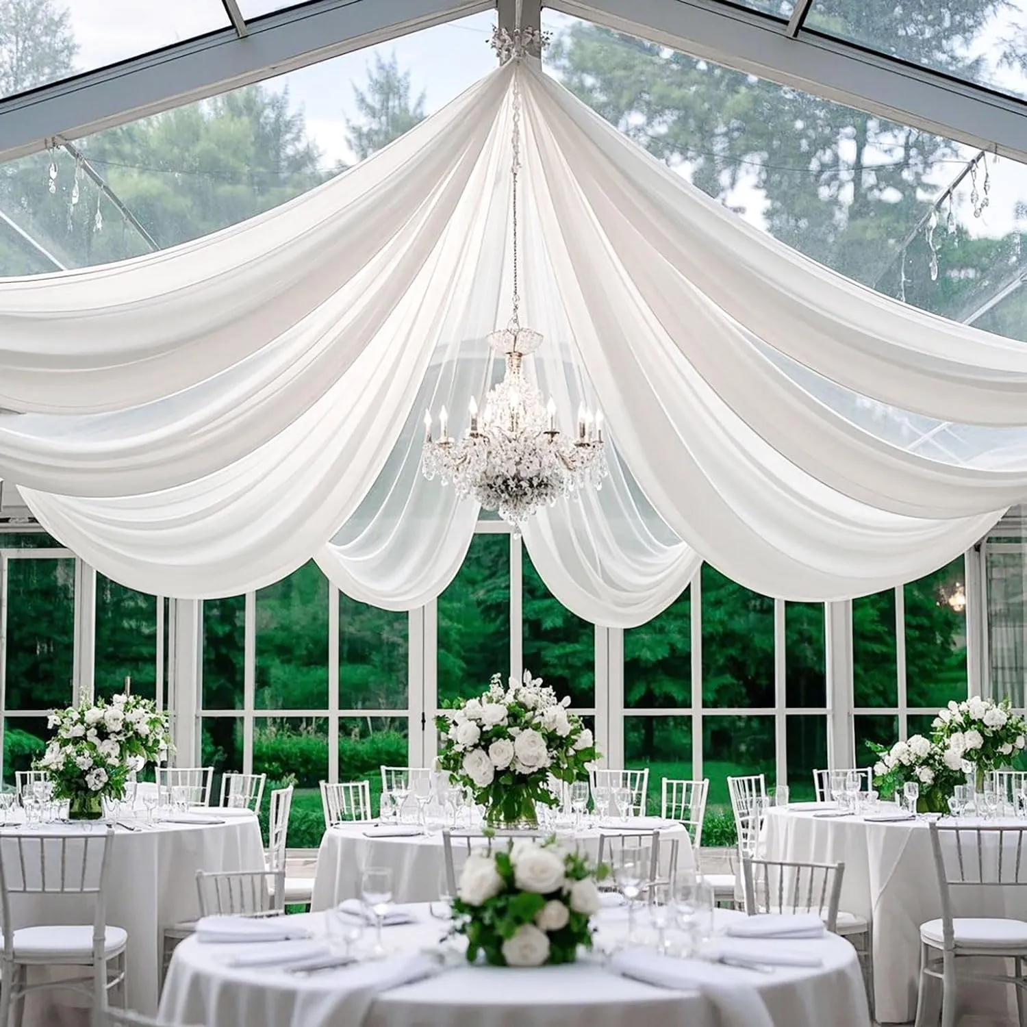 FUHSY White Ceiling Drapes for Wedding Arch Draping Fabric 4 Panels 5x20FT Chiffon Wedding Arch Drapes Sheer Bed Canopy Curtains Wedding Backdrops for Reception Ceremony Swag Arbor Archway Tent Drapes