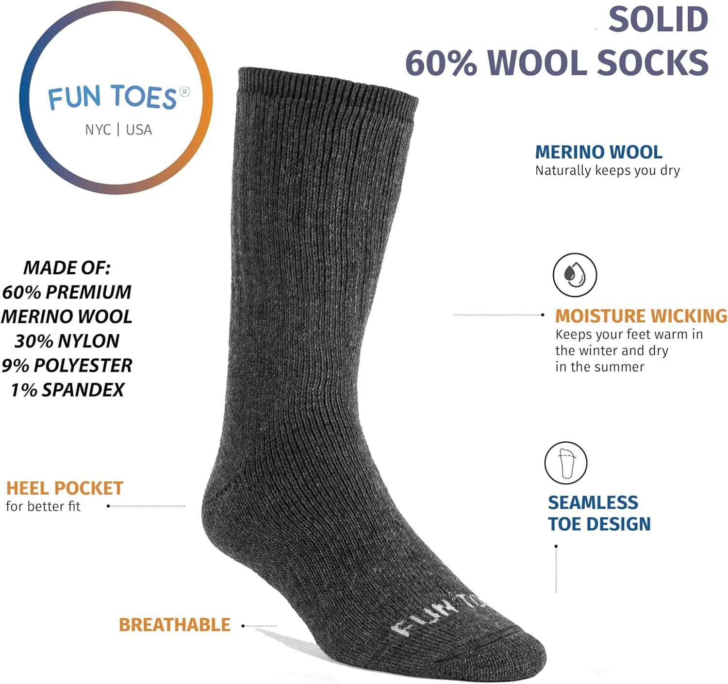 FUN TOES Men's Thermal Insulated Heavy Duty Premium Merino Wool Crew Socks 4 Pairs