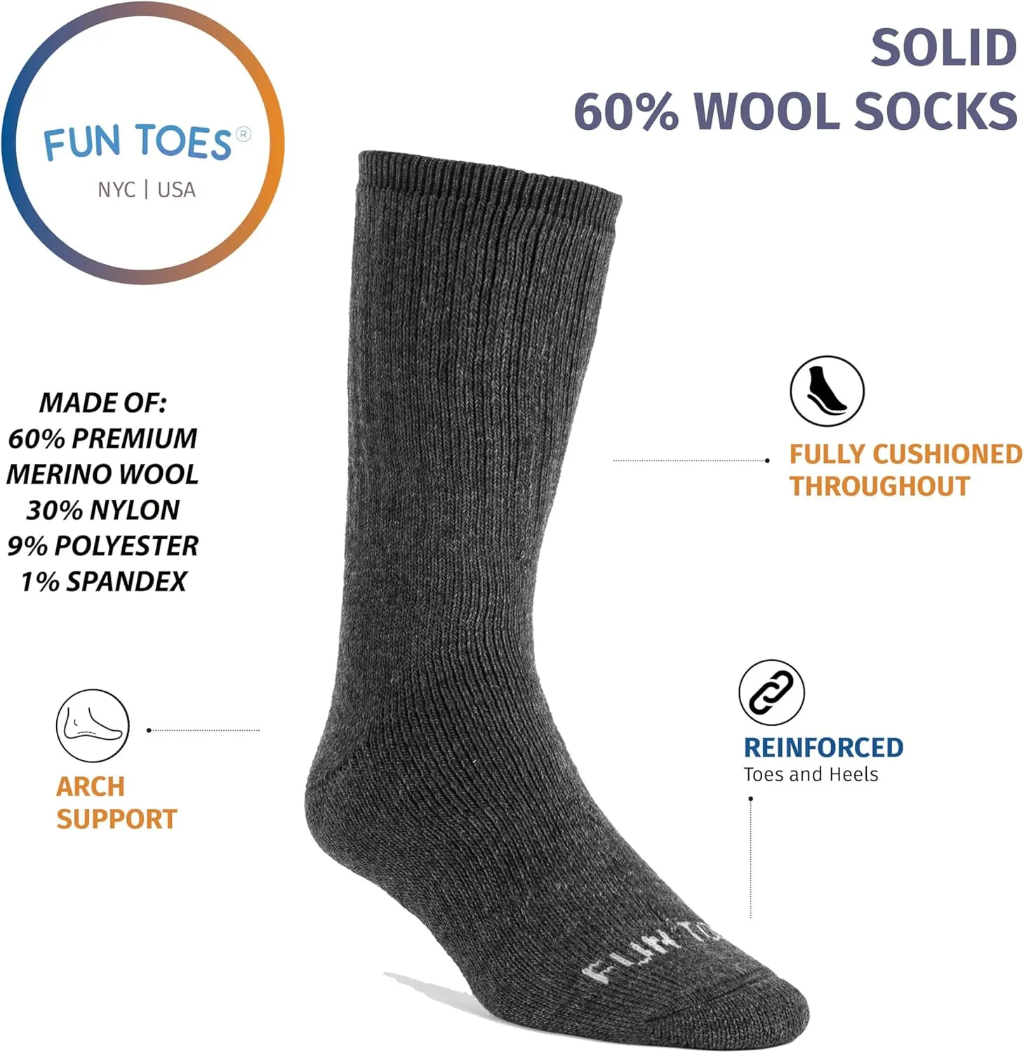 FUN TOES Men's Thermal Insulated Heavy Duty Premium Merino Wool Crew Socks 4 Pairs