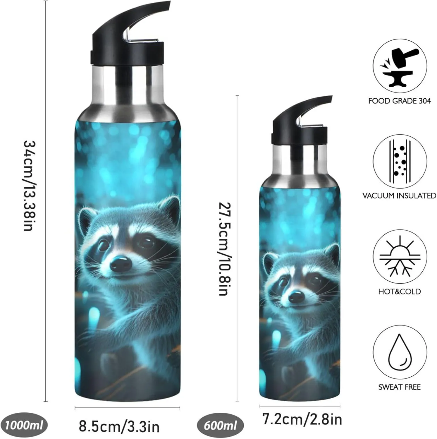Funny Blue Sparkle Raccoons Sport Water Bottle Insulated Stainless Steel Large Vacuum Flask Leak Proof Thermos with Straw for Travel(600ml/1000ml)