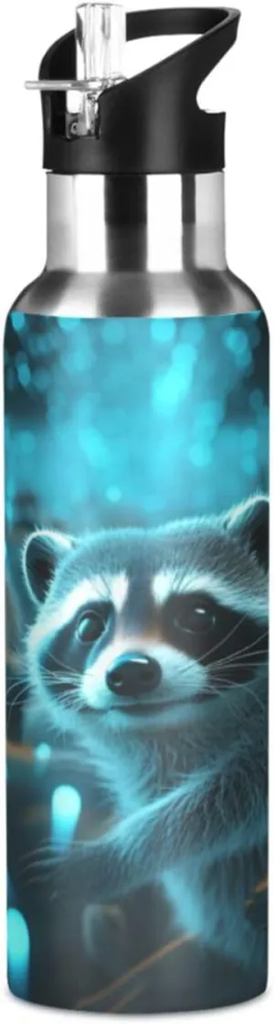 Funny Blue Sparkle Raccoons Sport Water Bottle Insulated Stainless Steel Large Vacuum Flask Leak Proof Thermos with Straw for Travel(600ml/1000ml)