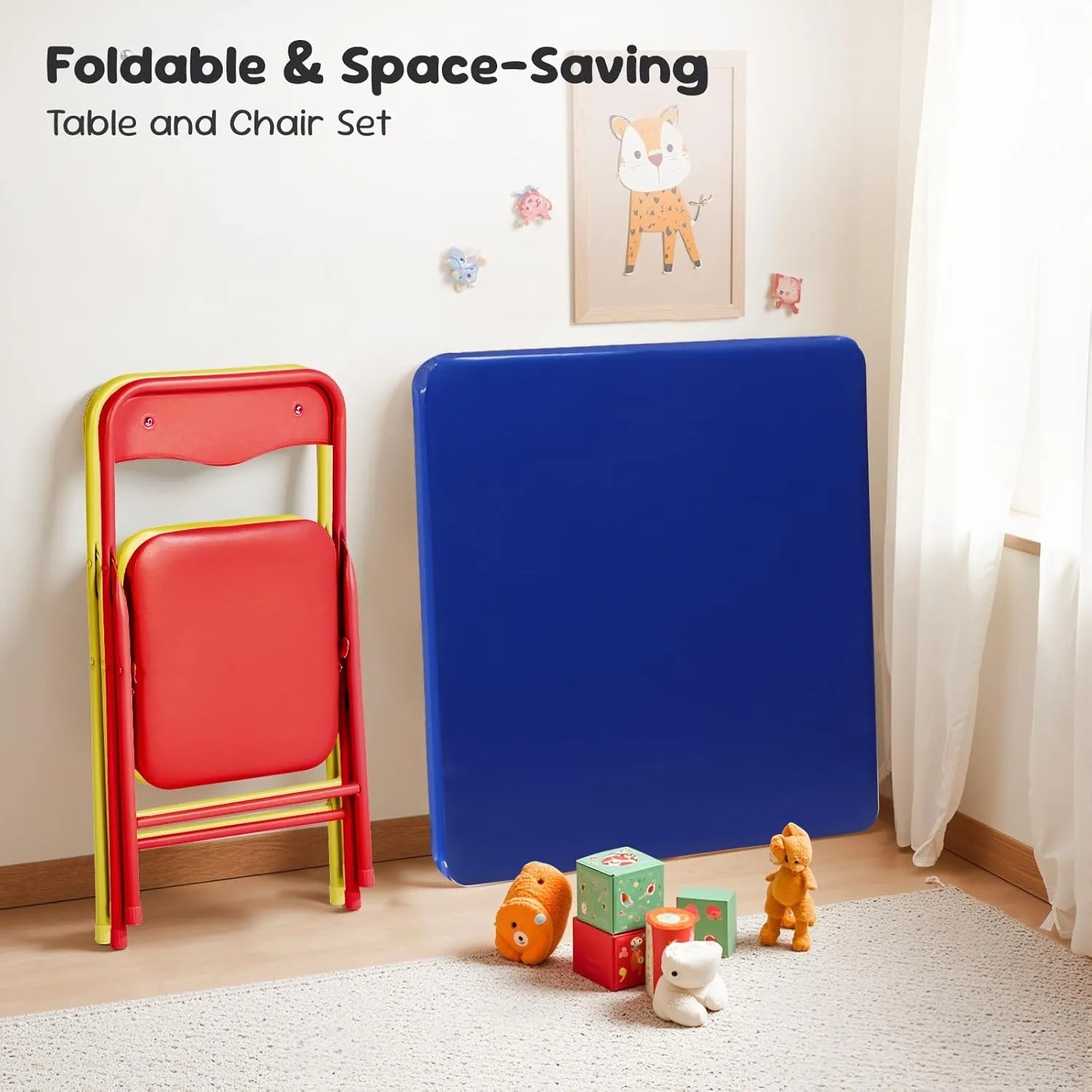FurnitureR 3-Piece Folding Table and Chair Set, Compact Kids' Activity Table with PVC Padded Seats, Small Foldable Square Table and Chairs for Daycare, Classrooms, and Playrooms, Multicolour
