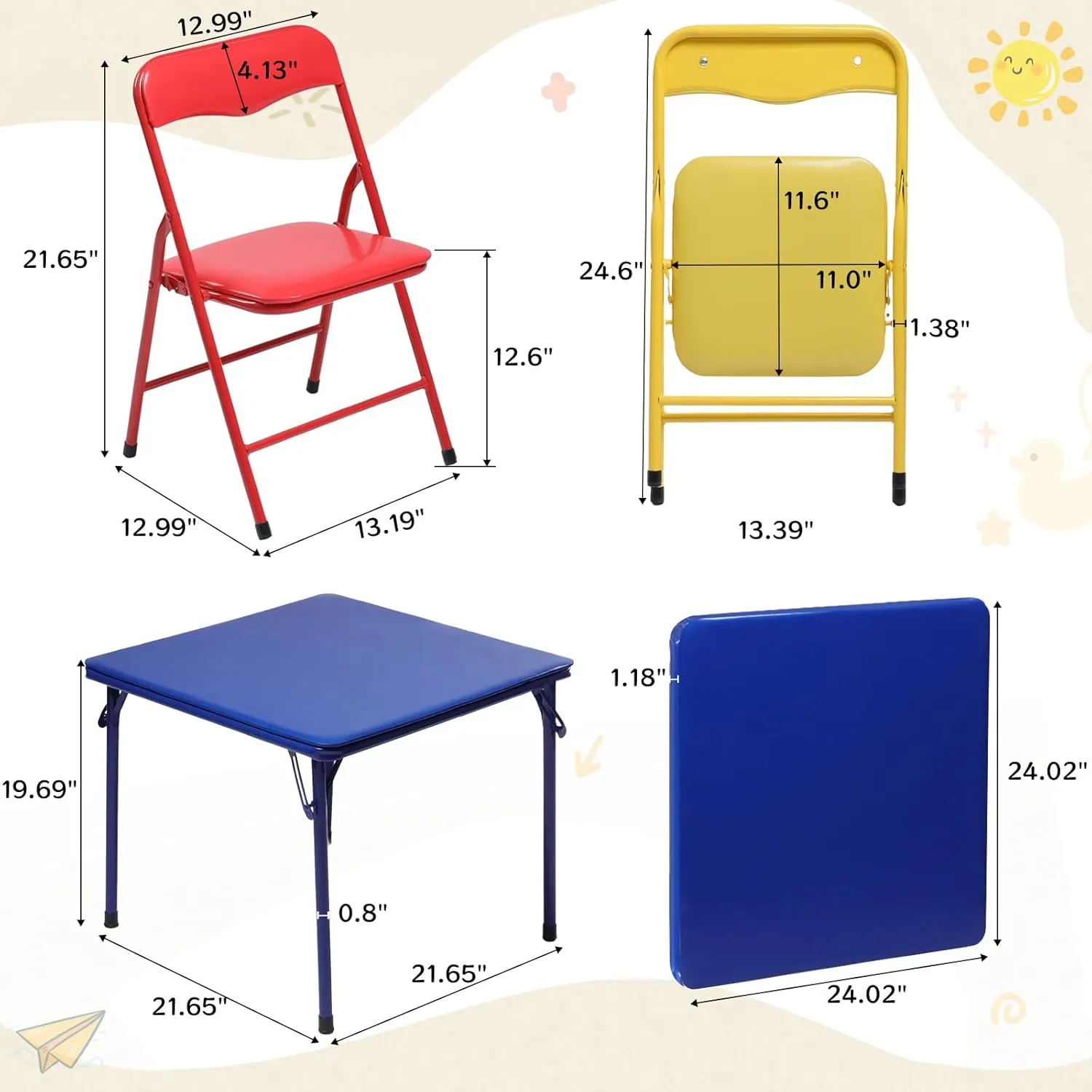 FurnitureR 3-Piece Folding Table and Chair Set, Compact Kids' Activity Table with PVC Padded Seats, Small Foldable Square Table and Chairs for Daycare, Classrooms, and Playrooms, Multicolour