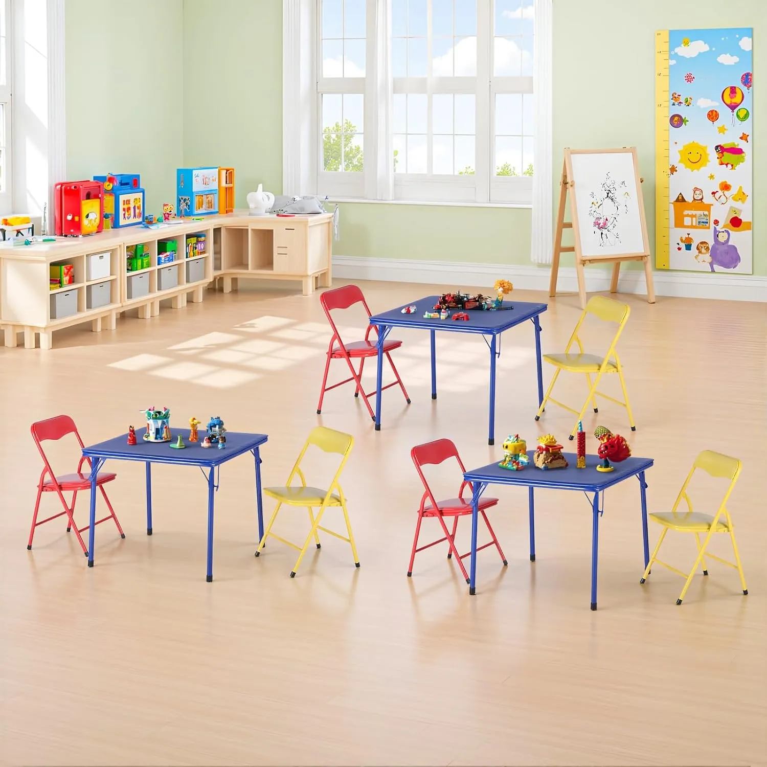 FurnitureR 3-Piece Folding Table and Chair Set, Compact Kids' Activity Table with PVC Padded Seats, Small Foldable Square Table and Chairs for Daycare, Classrooms, and Playrooms, Multicolour