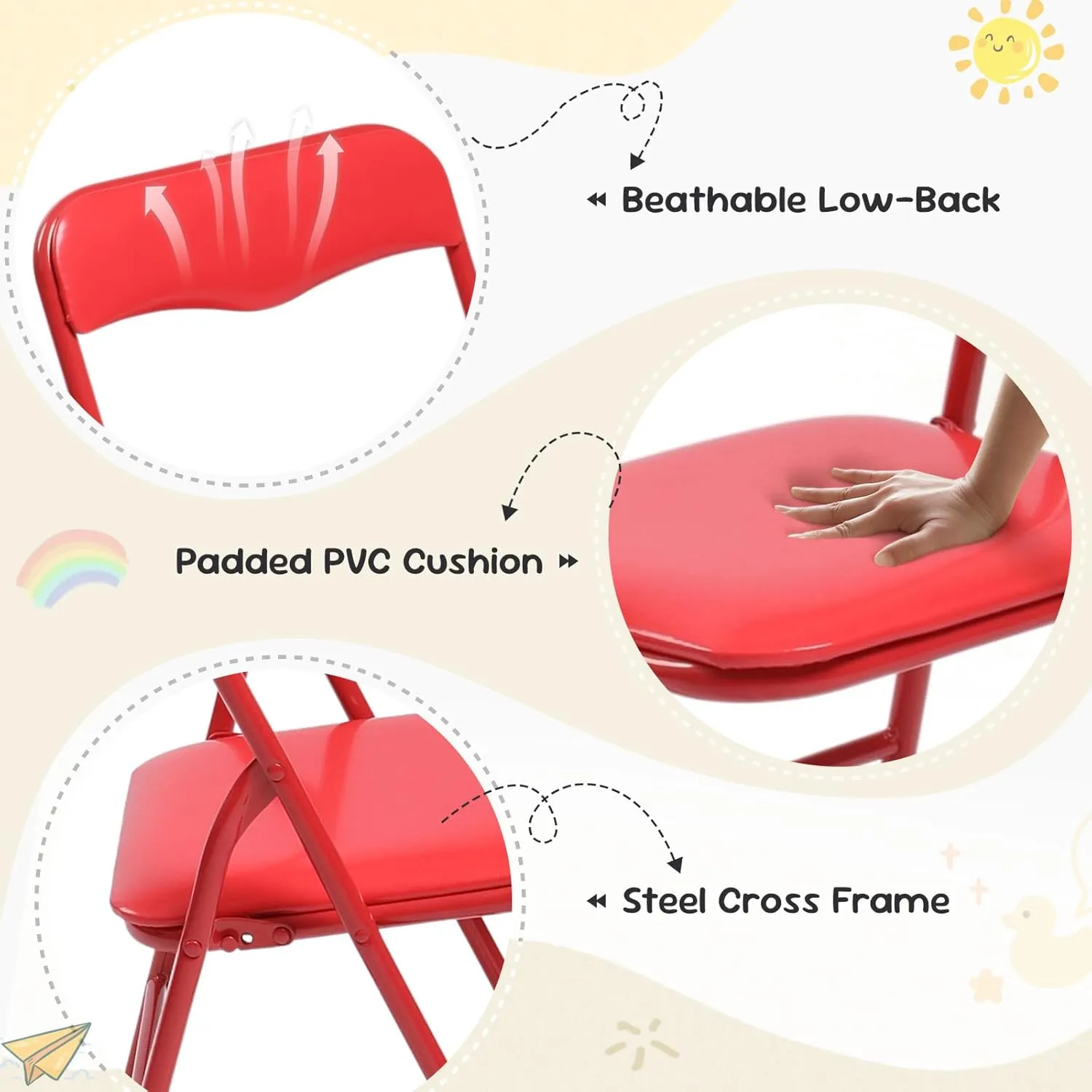 FurnitureR 3-Piece Folding Table and Chair Set, Compact Kids' Activity Table with PVC Padded Seats, Small Foldable Square Table and Chairs for Daycare, Classrooms, and Playrooms, Multicolour