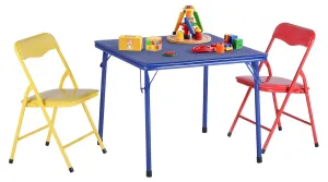 FurnitureR 3-Piece Folding Table and Chair Set, Compact Kids' Activity Table with PVC Padded Seats, Small Foldable Square Table and Chairs for Daycare, Classrooms, and Playrooms, Multicolour