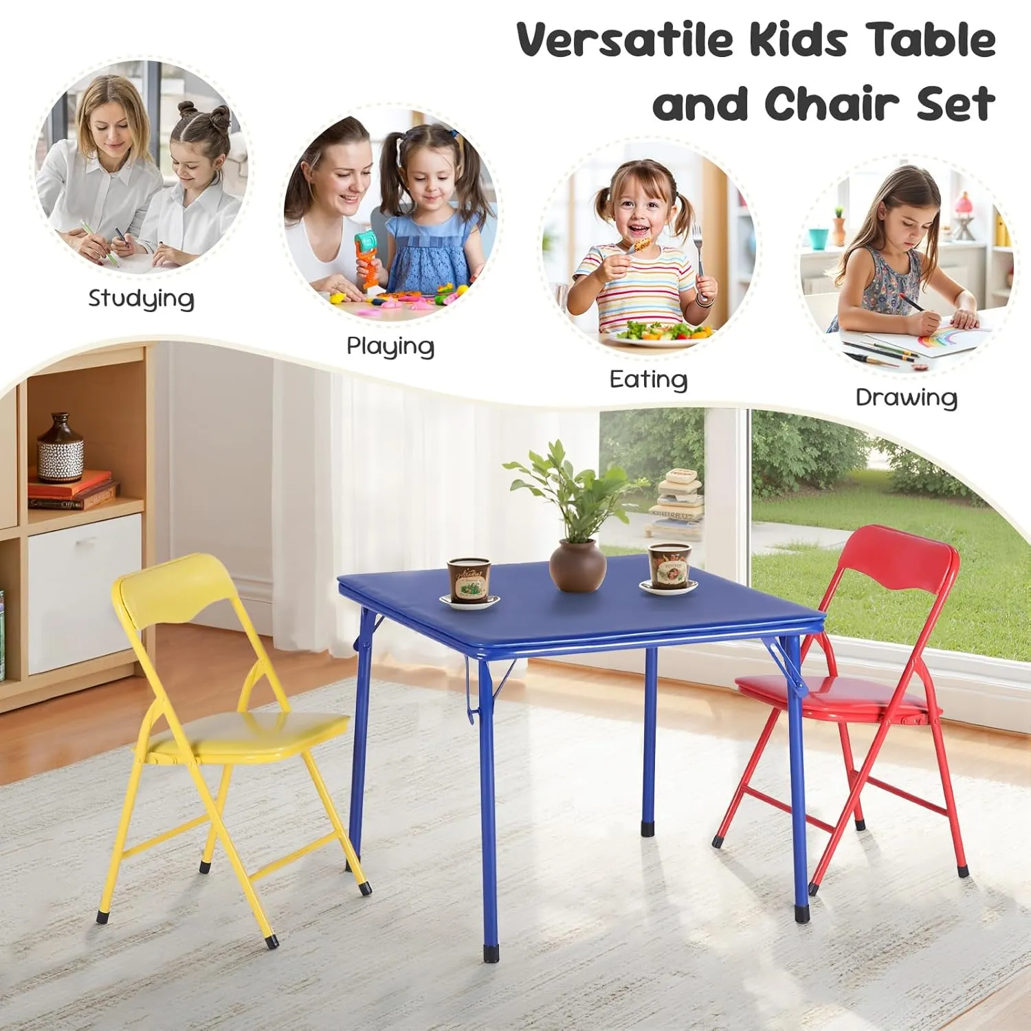 FurnitureR 3-Piece Folding Table and Chair Set, Compact Kids' Activity Table with PVC Padded Seats, Small Foldable Square Table and Chairs for Daycare, Classrooms, and Playrooms, Multicolour