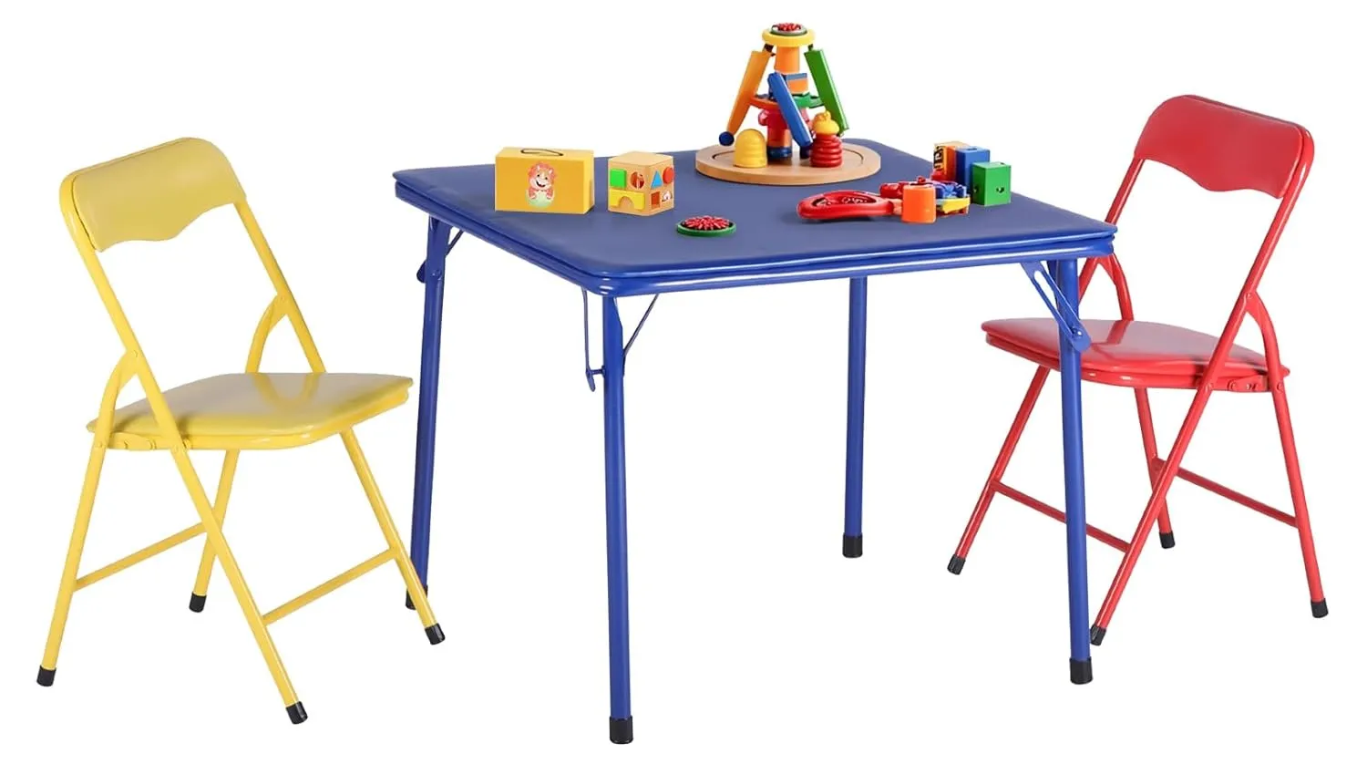 FurnitureR 3-Piece Folding Table and Chair Set, Compact Kids' Activity Table with PVC Padded Seats, Small Foldable Square Table and Chairs for Daycare, Classrooms, and Playrooms, Multicolour