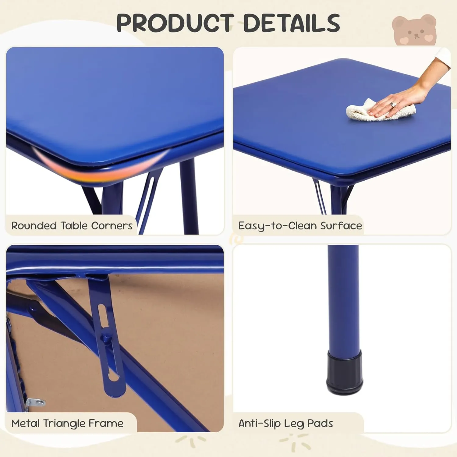 FurnitureR 3-Piece Folding Table and Chair Set, Compact Kids' Activity Table with PVC Padded Seats, Small Foldable Square Table and Chairs for Daycare, Classrooms, and Playrooms, Multicolour