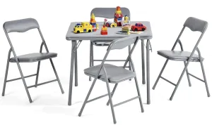 FurnitureR 5-Piece Folding Table and Chair Set, Compact Kids' Activity Table with PVC Padded Seats, Small Foldable Square Table and Chairs for Daycare, Classrooms, and Playrooms, Grey