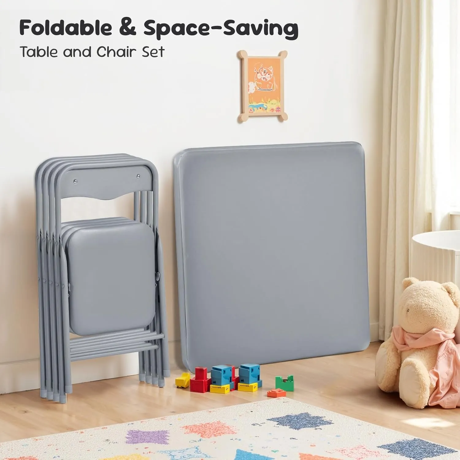 FurnitureR 5-Piece Folding Table and Chair Set, Compact Kids' Activity Table with PVC Padded Seats, Small Foldable Square Table and Chairs for Daycare, Classrooms, and Playrooms, Grey